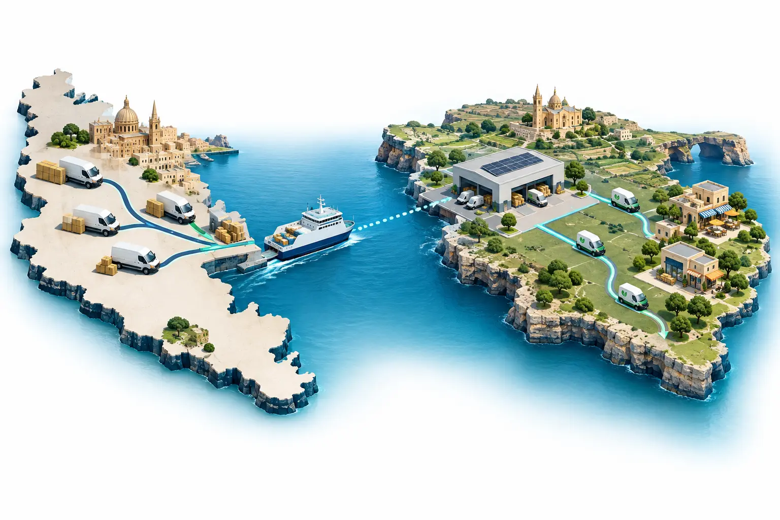Distributor deliveries from Malta converging into a shared storage hub and local fulfilment routes in Gozo